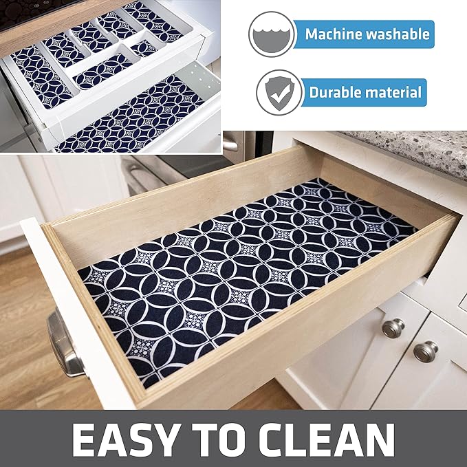 Drymate Premium Luxury Shelf & Drawer Liner, Thick Cushioned Fabric, Non-Adhesive, Absorbent, Waterproof, Slip-Resistant, Liners for Kitchen Cabinets, Cupboards (USA Made)(12”x59”)(2-Pack)(Indigo)