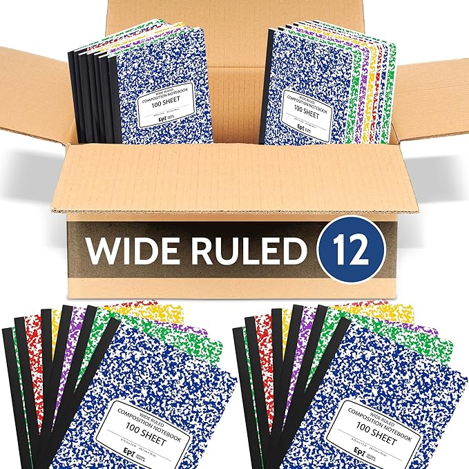 EPI 12 Pack Wide Ruled Composition Notebook Assorted Marble Colors - 200 Pages (100 Sheets), 9-3/4 x 7-½ - Classroom Back to School Supplies, Heavy Duty, Durable Hardcover Office Notebooks, Sewn