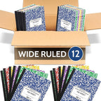 EPI 12 Pack Wide Ruled Composition Notebook Assorted Marble Colors - 200 Pages (100 Sheets), 9-3/4 x 7-½ - Classroom Back to School Supplies, Heavy Duty, Durable Hardcover Office Notebooks, Sewn