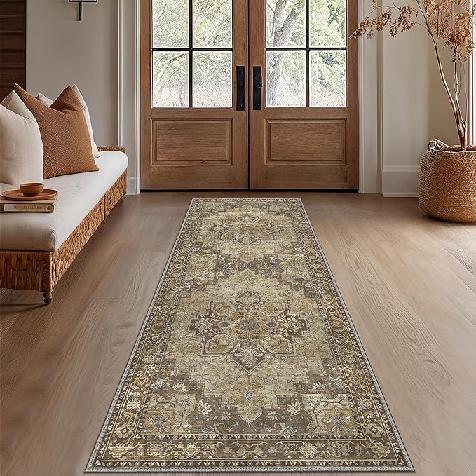 GENIMO 2x7 Runner Rugs for Hallway, Machine Washable Non Slip Vintage Rugs, Low Pile Lightweight Soft Print Rug for enrtyway, Corridor, Home Office, Kitchen, Rustic Brown