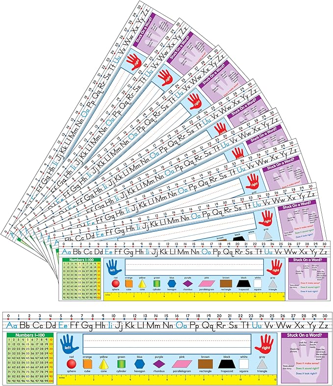 Carson Dellosa Education 30PC Quick Stick Name Plate Set offers alphabet charts, number lines, a 100 chart, a ruler, and clear labels that support organized desks and help students develop skills well