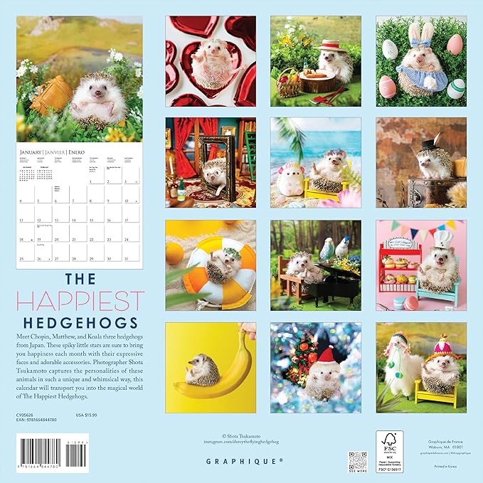 Graphique 2026 Happiest Hedgehogs Wall Calendar | 12” x 12” | Thick Paper | Home & Office Organizer | Large Monthly Grid | 3 Languages & Marked Holidays | 4 Month Preview Page for 2027