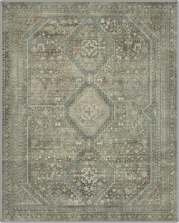 GENIMO 9x12 Area Rugs for Living Room, Machine Washable Non Slip Rugs, Low Pile Lightweight Vintage Print Rug for Bedroom, Dining Room, Home Office, Sage/Blue