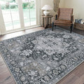 GENIMO 9x12 Area Rugs for Living Room, Machine Washable Non Slip Vintage Rugs, Low Pile Lightweight Chenille Print Rug for Bedroom, Dining Room, Home Office,Dark Gray