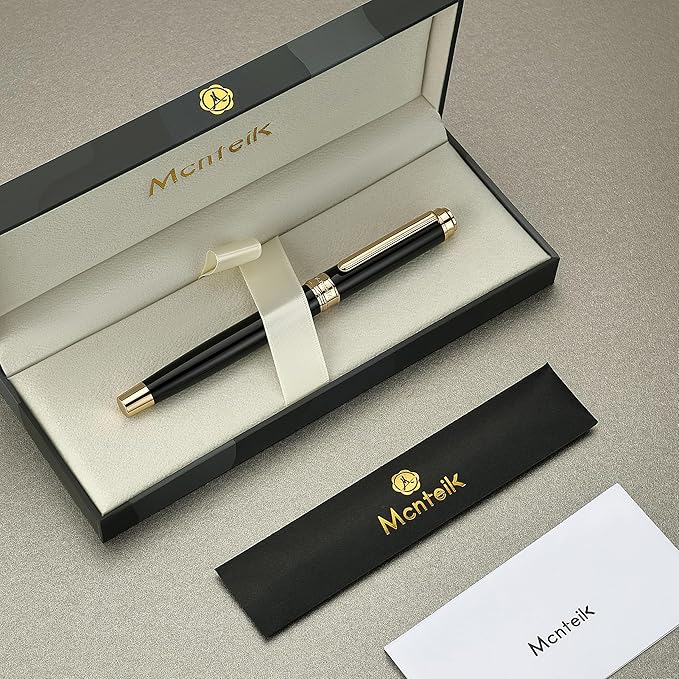MCNTEIK 317 Fountain Pen,Stunning Luxury Black Piano Lacquer,18K Gilded Nib(Fine),Gorgeous 24K Gold Finish, Ink Converter,Fancy Gift for Men&Women-Elegant,Executive,Office,Nice Pens for Writing