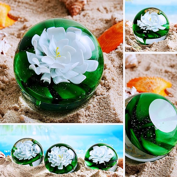 EUSTUMA Hand Blown Glass Flower Paperweight Figurine for Office Desk.Give You A Gift from The Person You Love, The Garden Decoration.(White Lotus Leaves)