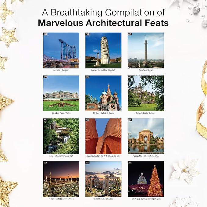 RED EMBER Architectural Marvels 2026 Wall Calendar 12 Month | 12" x 24" Open | Thick & Sturdy Paper | Holiday Gift | Architecture Calendar 2026