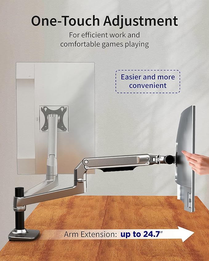 Ergounion Single Monitor Arm Desk Mount, Holds Screens up to 40 Inches and 25 lbs, Fully Adjustable Vesa Monitor Mount with C-Clamp and Grommet Base, Aluminum, Silver