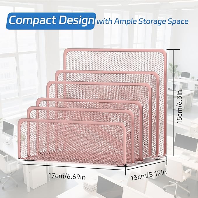ReePlan Mail Organizer Countertop with 5 Slot, Metal Mail Holder for Desk, File Holder Letter Sorter for Envelope, Bill and Document (Rose Gold)