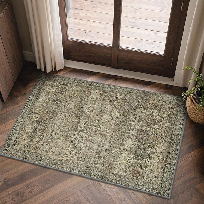 GENIMO 2x3 Area Rugs for Living Room, Machine Washable Non Slip Vintage Rugs, Low Pile Lightweight Chenille Print Rug for Bedroom, Dining Room, Home Office, Green Khaki