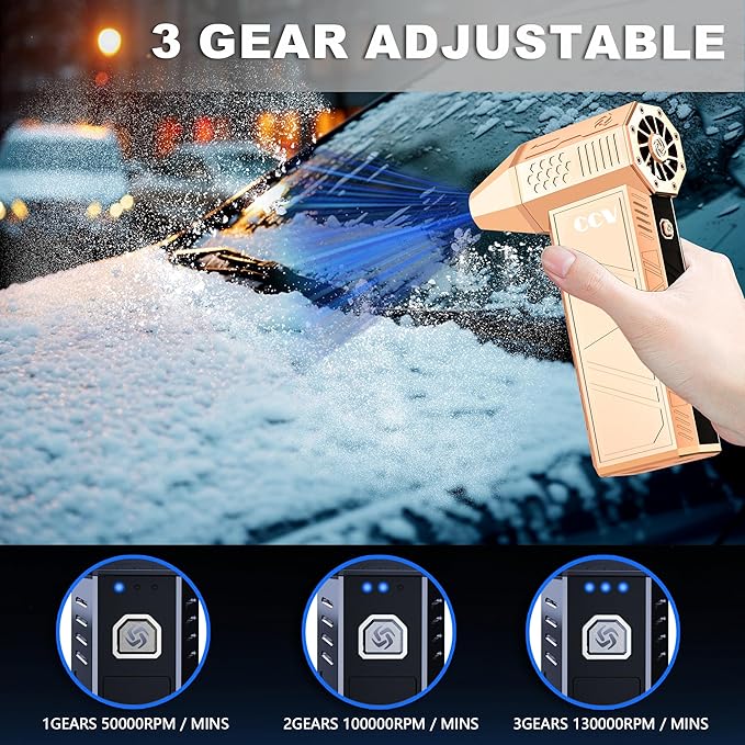 CCV Compressed Air Duster - 150000RPM Electric Air Duster for Cleaning Keyboard&PC 3 Gears Adjustable Rechargeable Cordless Jet Dry Blower Air Blower for Car and Home (F33-GOLD)