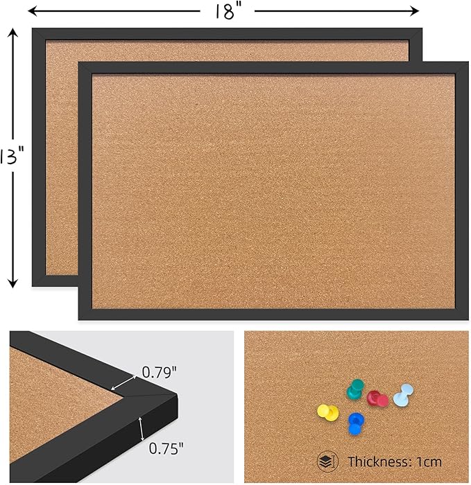 Yunihome Cork Bulletin Board, 13''x18''-2pack Hanging Cork Board Wooden Framed with Pins for Wall, Dorm Room, Office, Home Decor – Natural Cork & Black Frame