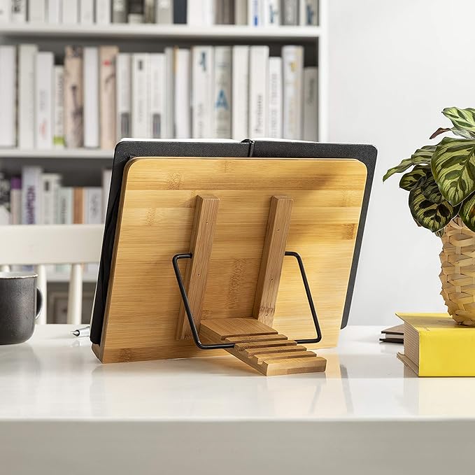 wishacc Bamboo Book Stand, Adjustable Book Holder Tray and Page Paper Clips-Cookbook Reading Desk Portable Stable Hard-Wearing Lightweight Bookstand-Textbooks Books