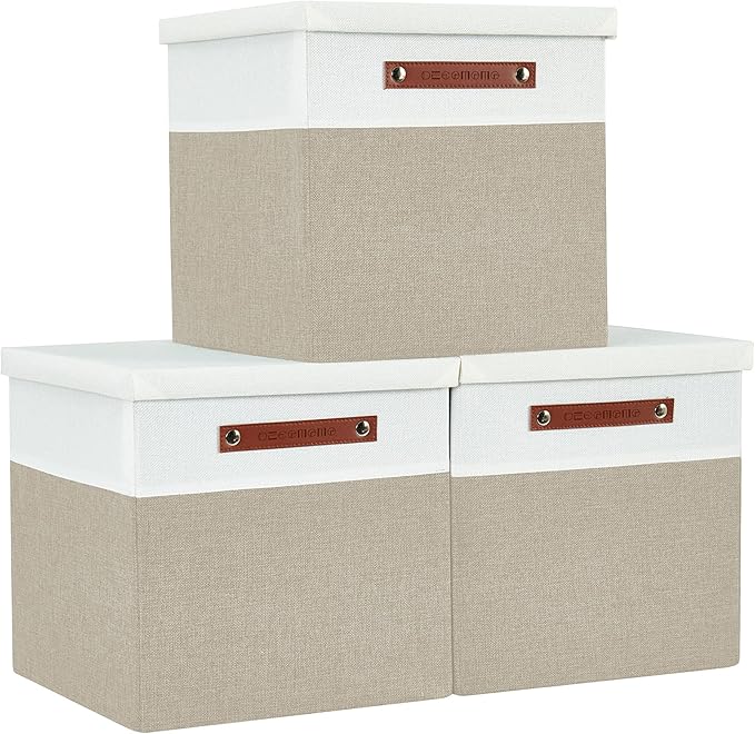 DECOMOMO Storage Basket with Lid, Storage Cubes with Handles, Fabric Box with Lid (Beige and White, 11” / 3 Pack)
