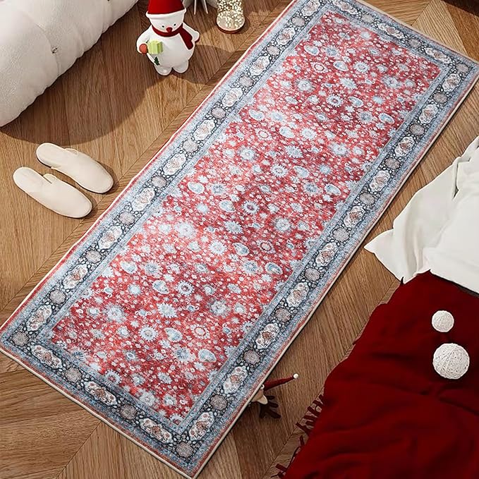 Rugcomf Runner Rug 2'x6' Hallway Rug Washable Boho Soft Area Rug Non-Slip Non-Shedding Faux Wool Vintage for Kitchen, Entryway, Laundry, Bedroom, Indoor (Red)
