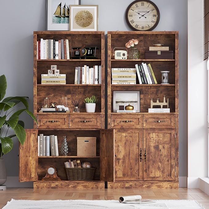 BORNOON 71.4" Tall Bookshelf with Drawers & Cabinet, 5-Tier Floor Standing Bookcase with Storage Doors, Adjustable Shelves & Metal Handles, 31.5" Wide Organizer for Home Office, Living Room
