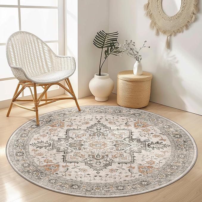 GENIMO 6FT Round Area Rugs for Living Room, Circle Rugs Machine Washable Low Pile, Chenille Non Slip Vintage Rug for Bedroom, Dining Room, Home Office, Light Taupe Brown