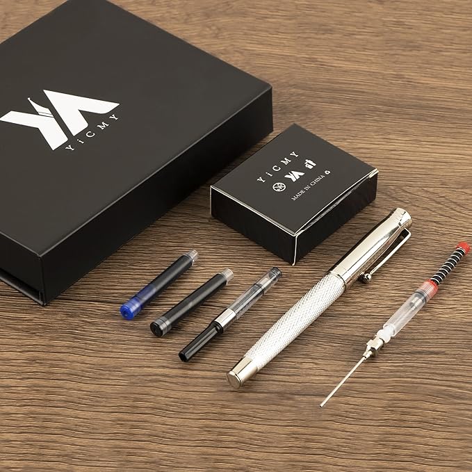 YICMY Fancy Fountain Pen Set – Fine & Medium Nibs, Includes 18 Ink Cartridges, Ink Converter, Syringe Filler, Luxury Gift for Writing, Journaling & Calligraphy，Silvery