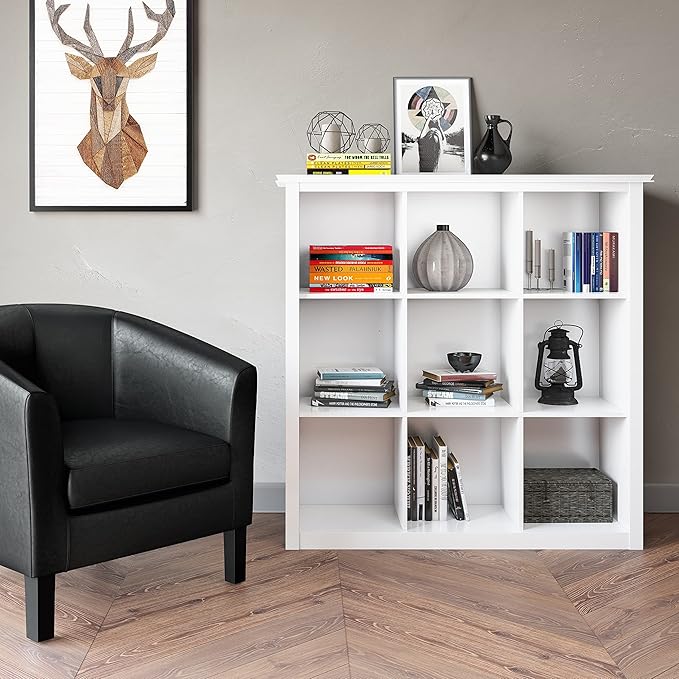SIMPLIHOME Artisan Bookcase - 43 inch Tall 9-Cube Solid Wood Cube Organizer in White, Transitional Storage Bookcase for Living Room, Study Room or Office with Fixed Shelves and Tapered Legs