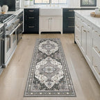 GENIMO 2X10 Hallway Runner Rug, Machine Washable Non Slip Vintage Floral Patchwork Runners, Thin Low Pile Chenille Carpet Runners for Entryway, Kitchen, Bathroom, Bedroom, Slate Gray