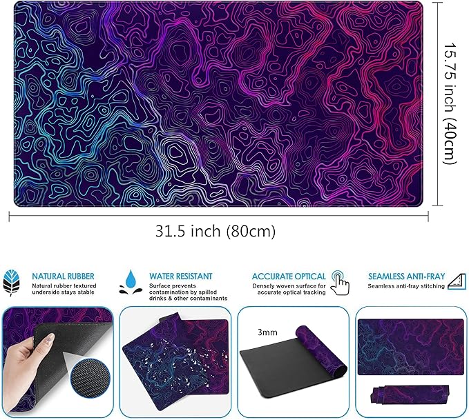 Blue Purple Desk Pad Topographic Map Desk Mat XXL Large Extended Gaming Mouse Pad Computer Mat, Laptop Keyboard and Mouse Mat, Office Decor Non-Slip Mousepad with Stitched Edge, 31.5''x15.7''