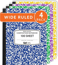 EPI 4 Pack Wide Ruled Composition Notebook Assorted Marble Colors - 200 Pages (100 Sheets), 9-3/4 x 7-½ - Classroom Back to School Supplies, Heavy Duty, Durable Hardcover Office Notebooks, Sewn
