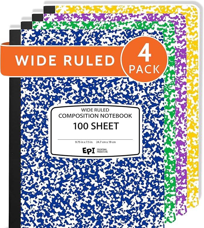 EPI 4 Pack Wide Ruled Composition Notebook Assorted Marble Colors - 200 Pages (100 Sheets), 9-3/4 x 7-½ - Classroom Back to School Supplies, Heavy Duty, Durable Hardcover Office Notebooks, Sewn