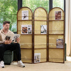 Rattan Room Divider with Bookshelf,Privacy Screen for Home Office & Bedroom,Portable Partition, Wooden Frame