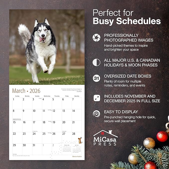 MICASA PRESS Siberian Huskies 2026 Wall Calendar 12 Month | 12" x 24" Open | Thick & Sturdy Paper | Holiday Gift | Cute Puppy Dog Calendar 2026