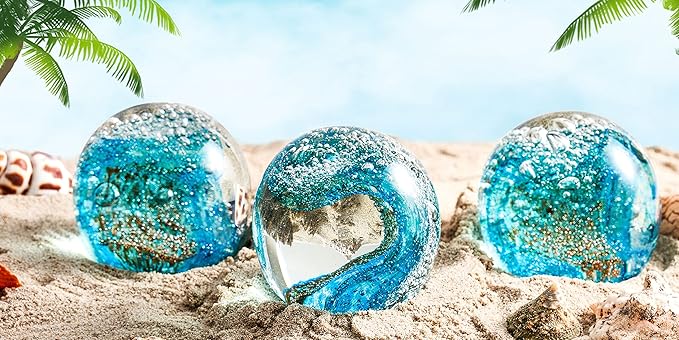 EUSTUMA Hand Blown Glass Figurines Ball Ocean Waves,Paperweight Glass Ball,Home Decor Collectible,Aquarium Decor,Office Decor Ocean Lovers