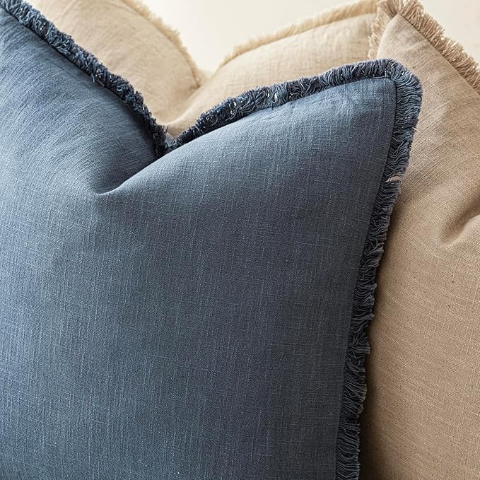 Foindtower Set of 2 Decorative Linen Fringe Lumbar Throw Pillow Covers Farmhouse Cushion Cover with Tassels Soft Accent Pillowcase for Couch Sofa Bed Living Room Home Decor,12×20 Inch,Dark Blue