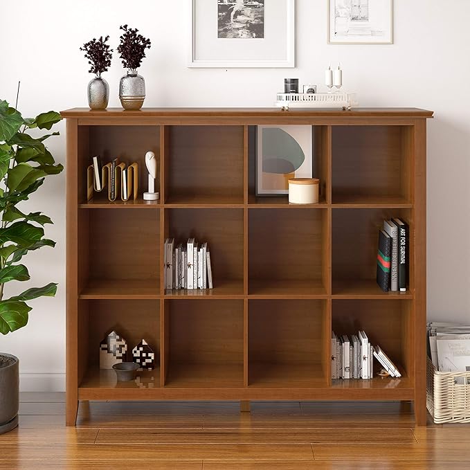 SIMPLIHOME Artisan Bookcase - 57 inch Tall 12-Cube Solid Wood Cube Organizer in Honey Brown, Transitional Storage Bookcase for Living Room, Study Room or Office with Fixed Shelves and Tapered Legs