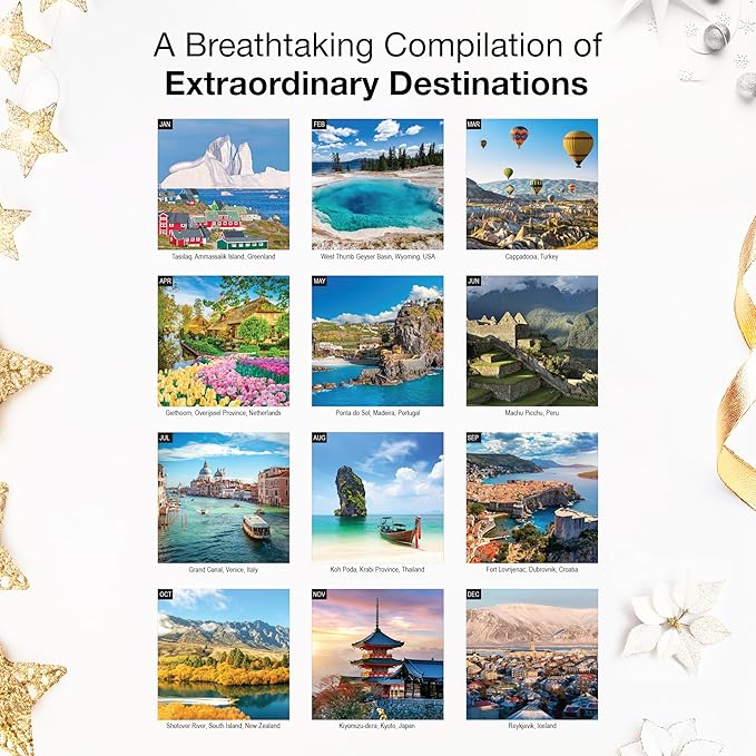 RED EMBER Bucket List Destinations 2026 Wall Calendar 12 Month | 12" x 24" Open | Thick & Sturdy Paper | Holiday Gift | World Travel Calendar 2026