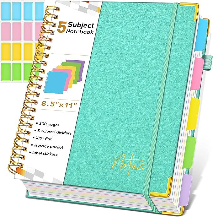Spiral Notebook Journal with Removable Dividers Tabs, 300 Pages Hardcover Leather 5 Subject College Ruled Notebook, 8.5"x11" Large A4 Lined Journal for Women Men, Spiral Notebook for Work School,Teal