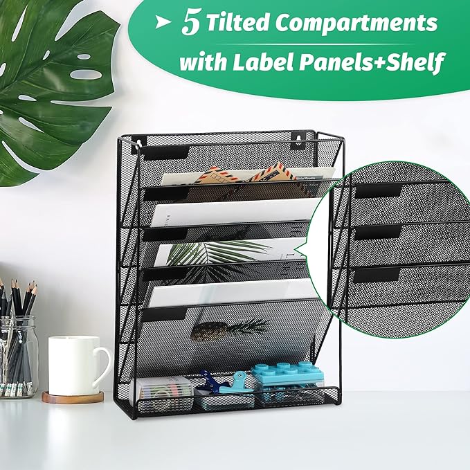EASEPRES Desk File Organizer Mesh 6-Tier, Hanging Wall Mount Document Organization Stand, Desktop Vertical Mail Paper Folder Holder Rack with Bottom Tray for Office Home Cubicle Countertop, Black