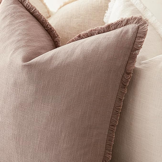 Foindtower Set of 2 Decorative Linen Fringe Throw Pillow Covers Boho Farmhouse Cushion Cover with Tassels Soft Accent Pillowcase for Couch Sofa Bed Living Room Home Decor,16×16 Inch,Dusty Pink