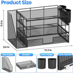 OPNICE Desk Organizer, 4-Tier Desktop File Organizer with Drawer and 2 Pen Holders, Office Desk Accessories, File Sorters, Workspace Organizers for Office Supplies(Black)