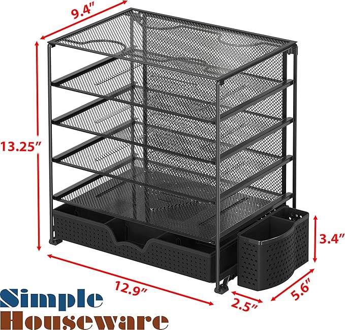 Simple Houseware 5-Tier Document File Tray with Supplies Sliding Drawer and Pen Bucket, Black
