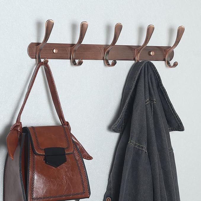 SKOLOO Coat Rack Wall Mount - Modern, Metal Wall Coat Rack with 5 Hooks, Sturdy Wall Hook Rack Rail for Hanging Coat, Jacket, Clothes, Hat, Red Copper
