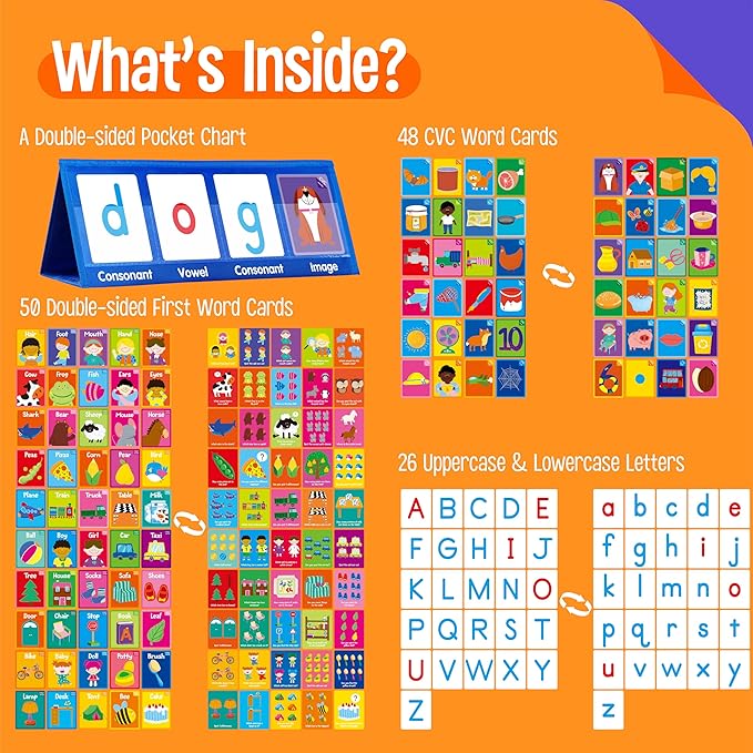 Word Building Desktop Pocket Chart, 48 CVC Words & 50 First Words, Double-Sided Tent Word Builder, Vocabulary Learning Flashcards Set for Kindergarten Reading and Spelling