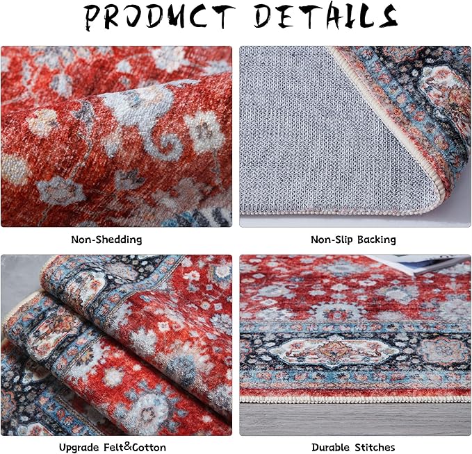 Rugcomf Runner Rug 2'x6' Hallway Rug Washable Boho Soft Area Rug Non-Slip Non-Shedding Faux Wool Vintage for Kitchen, Entryway, Laundry, Bedroom, Indoor (Red)
