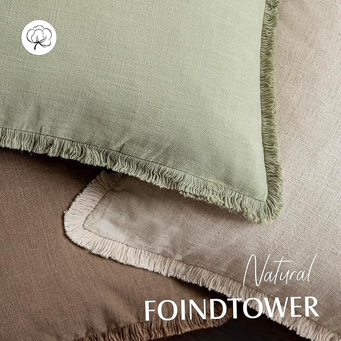 Foindtower Set of 2 Decorative Linen Fringe Throw Pillow Covers Boho Farmhouse Cushion Cover with Tassels Soft Accent Pillowcase for Couch Sofa Bed Living Room Home Decor,24×24 Inch,Light Sage Green