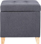 Adeco Fabric Storage Ottoman Bench with Solid Wood Legs, 17.7" Square Dark Grey Cotton Linen Cube Foot Stool, Upholstered Button Tufted Vanity Chair with Hinged Lid for Living Room, Bedroom, Dorm