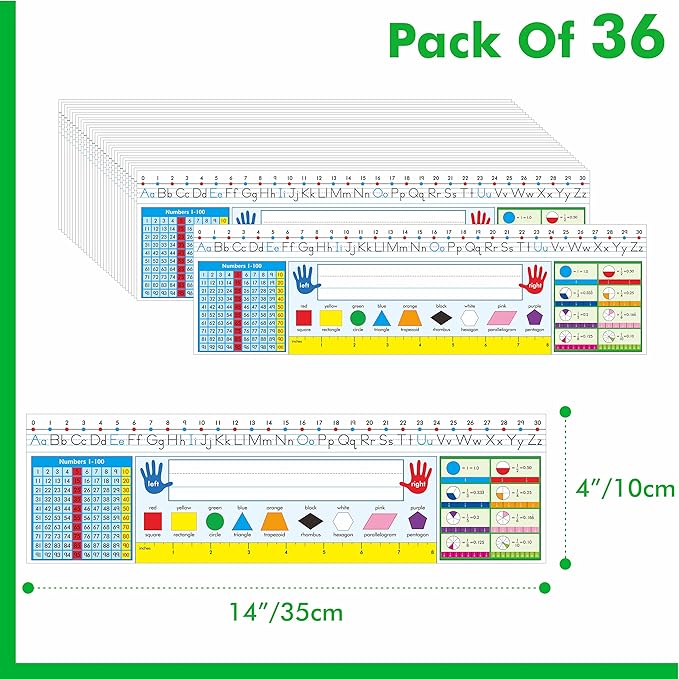 36 PCS Desk Nameplates, Double Sided PET Film Desk Name Tags with Alphabet, Numbers, Fractions, Shapes, Colors and Ruler Erasable & Reusable Traditional Manuscript Name Plate for Classroom (14” x 4”)