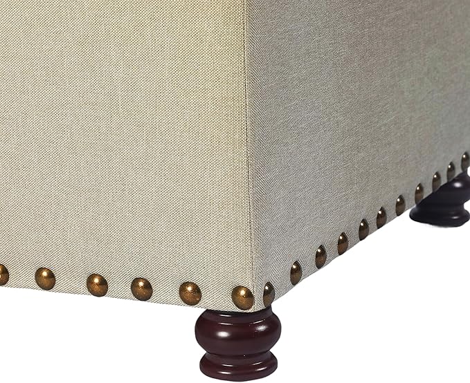 Decent Home 24" Storage Ottoman, Fabric Ottoman Foot Rest Stool with Hinged Lid, Tufted Rectangle Upholstered Footstool, Load up to 350 lb, for Living Room, Bedroom, Dorm, Beige, Bronze Rivets