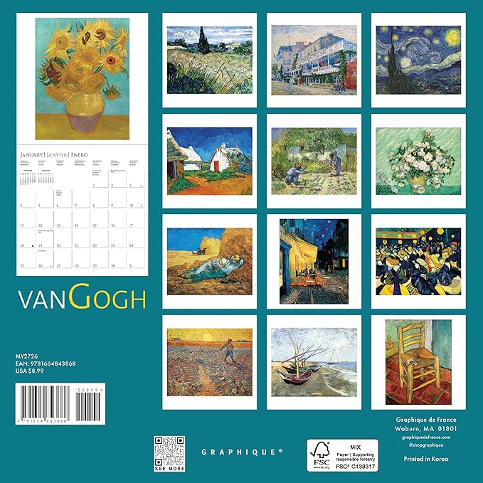 Graphique 2026 Van Gogh Mini Wall Calendar | 7” x 7” | Thick Paper | Home & Office Organizer | Large Monthly Grid | 3 Languages & Marked Holidays | 4 Month Preview Page for 2027