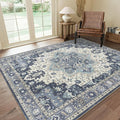 GENIMO 6x9 Area Rugs for Living Room, Machine Washable Non Slip Vintage Rugs, Low Pile Lightweight Chenille Print Rug for Bedroom, Dining Room, Home Office, Center Blue
