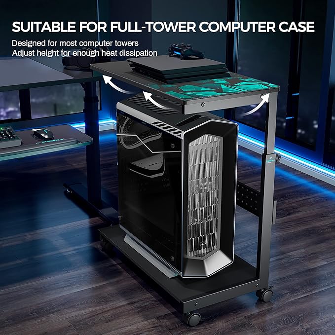 EUREKA ERGONOMIC PC Stand Computer Cart, Height Adjustable Tower Stand 2-Tier Suit for ATX Case Printer, Metal Rolling Cart on Wheels for Gaming Home Office, Black