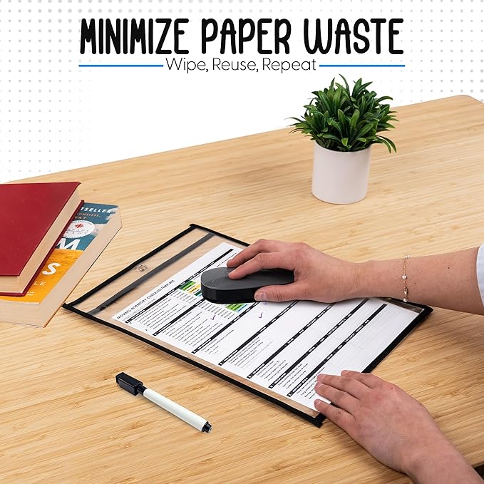 Essex Wares - 100 Pack, Black, Job Ticket Holders, 10" Wide x 13.5" Tall - Clear Plastic Shop Ticket Holders - Easy to Use, Reusable & Easy Erase Plastic Invoice Holders, Water-Resistant & Durable
