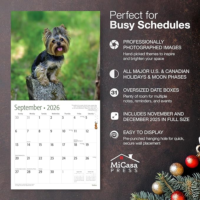MICASA PRESS Yorkies Yorkshire Terriers 2026 Wall Calendar 12 Month | 12" x 24" Open | Thick & Sturdy Paper | Holiday Gift | Cute Puppy Dog Calendar 2026